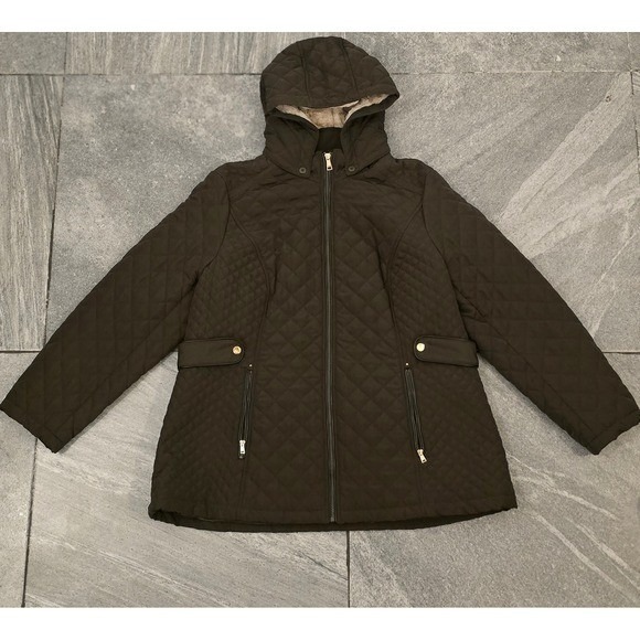 Quilted Hooded Jacket Dark Brown Faux Fur Lined Zip  Women 3XL - Picture 3 of 8